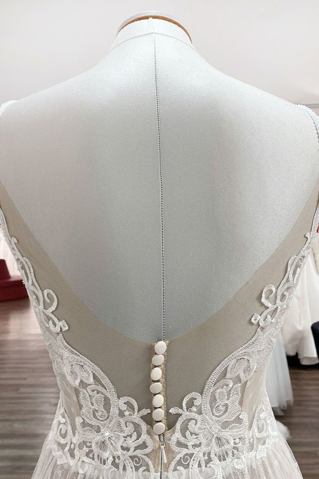 Elegant V-neck A-line Long Wedding Dress with Open Back and Tulle Lace