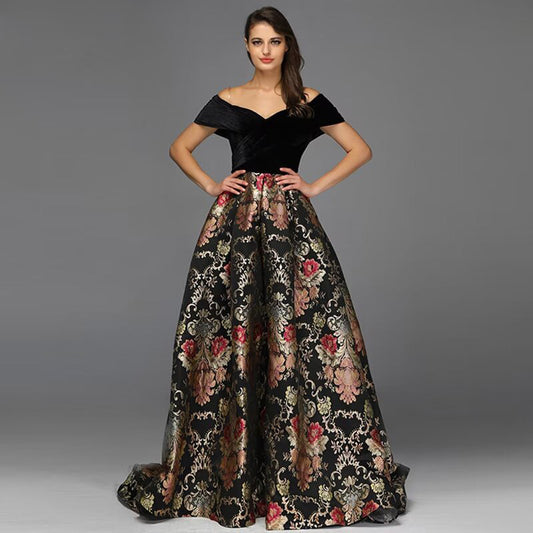 Black Off Shoulder Flowers Evening Dress Short Sleeve A line Formal Dress