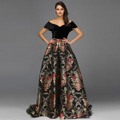 Black Off Shoulder Flowers Evening Dress Short Sleeve A line Formal Dress