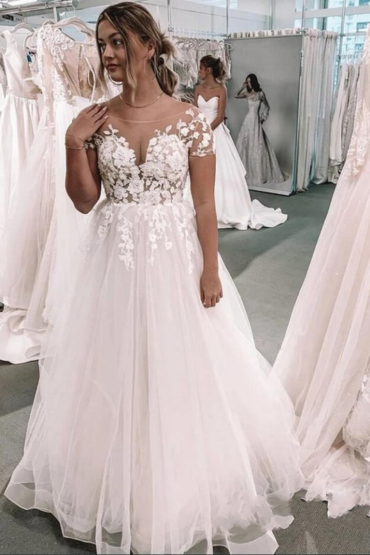Elegant Bateau Neckline Short Sleeve Floor-Length Tulle A-Line Bridal Gown Featuring Lace Appliques
