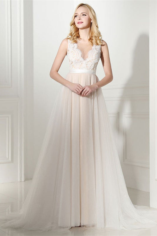 Wedding Dress in Champagne Tulle with Lace