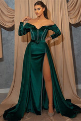 Glorious Dark Green Long Sleeves Mermaid Prom Dress Off-the-Shoulder With Slit