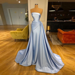 Elegant Strapless Baby Blue Mermaid Evening Dress Long with Ruffle