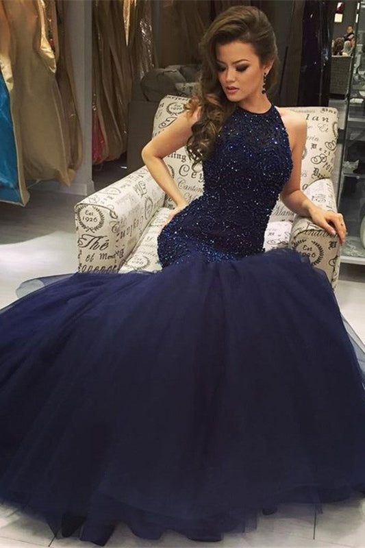 Stunning Dark Navy Sleeveless Mermaid Prom Dress Lace Appliques