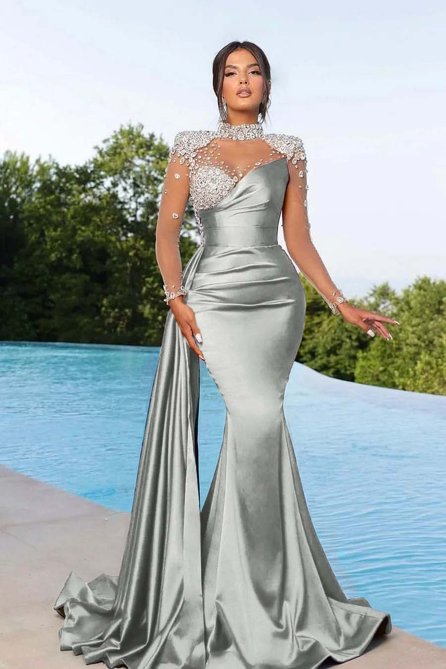 Purple Prom Dress Long Mermaid Satin With Trail Beadings Long Sleeves