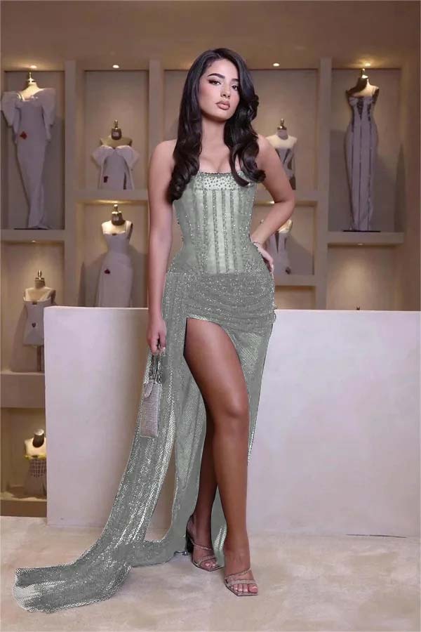 Black Strapless Split Sleeveless Beaded Long Evening Dress