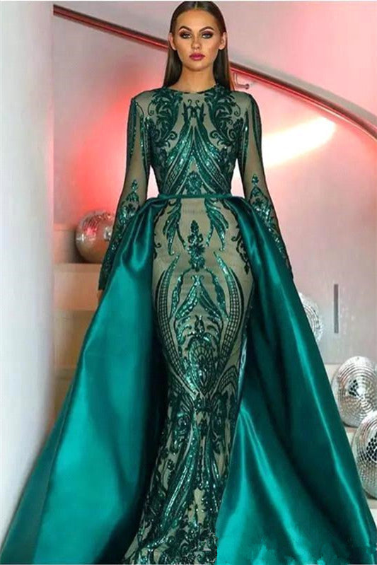 Amazing Emerald Green Long Sleeves Overskirt Prom Dress Mermaid Sequins Party Gown