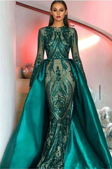 Amazing Emerald Green Long Sleeves Overskirt Prom Dress Mermaid Sequins Party Gown