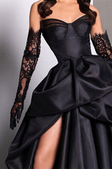  Black Sweetheart Taffeta Prom Dress with Long Lace Gloves High Slit