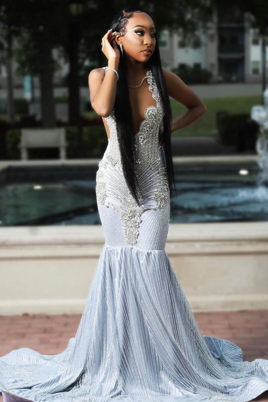 Modern Silver Sleeveless Mermaid Prom Dress Scoop With Beadings