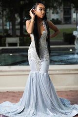 Modern Silver Sleeveless Mermaid Prom Dress Scoop With Beadings