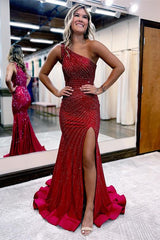 Burgundy Evening Dress One Shoulder Sequins with Slit