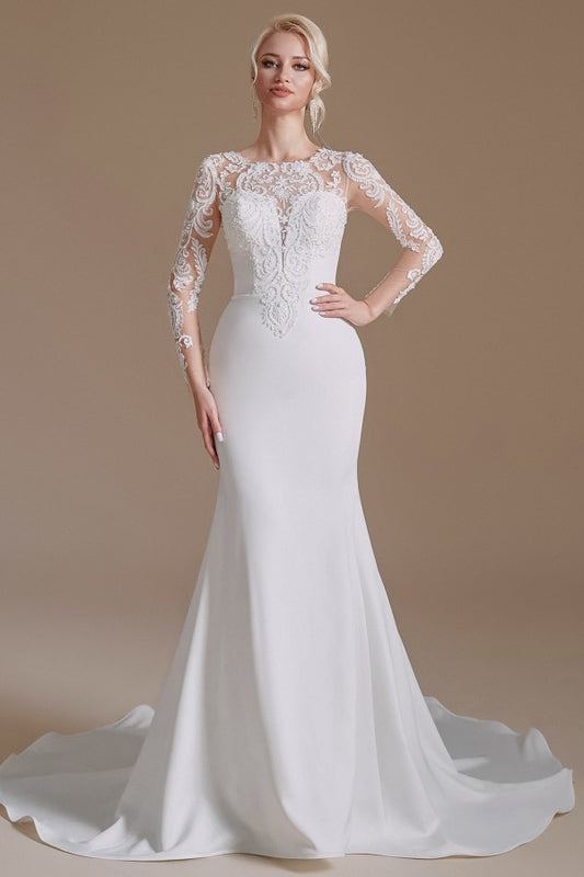 Elegant Long Mermaid Jewel Wedding Dress in Satin Lace With Sleeves