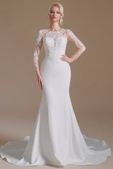 Elegant Long Mermaid Jewel Wedding Dress in Satin Lace With Sleeves