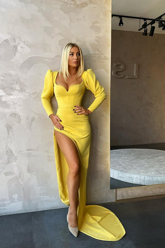 New Arrival Lemon Yellow Long Sleeves Prom Dress Mermaid With Split