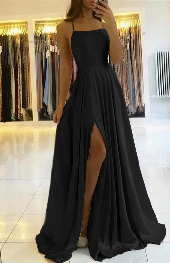  Sage Green Spaghetti-Straps Prom Dress Long Pleated with Slit