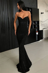 Sexy Black Spaghetti-Strap Mermaid Prom Dress with Sequins