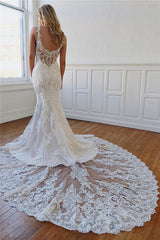 Elegant Mermaid Wedding Gowns with Crystal Lace Straps and Appliques