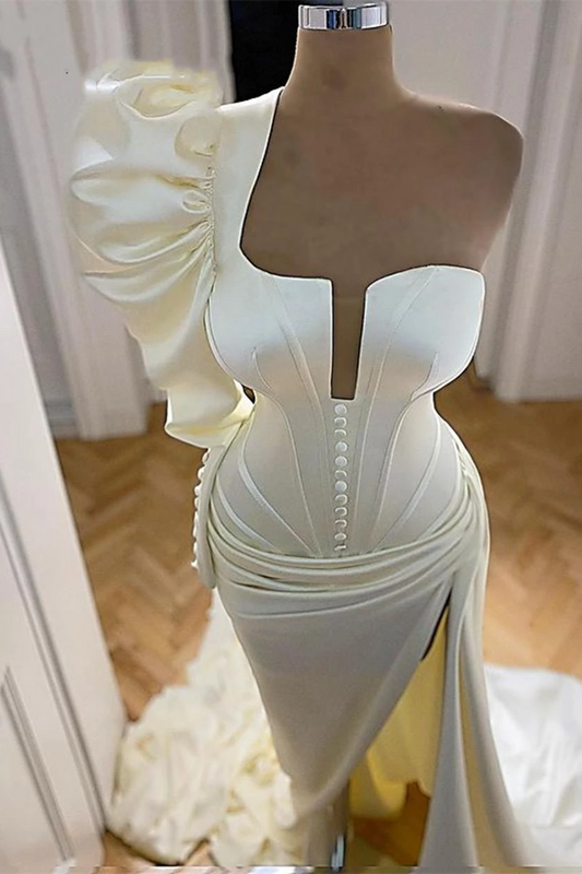 Gorgeous White One Shoulder Mermaid Prom Dress Pleats With Buttons High Split