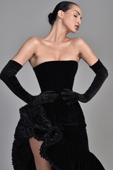 Black Evening Dress Half Sleeves Off-the-Shoulder High Slit