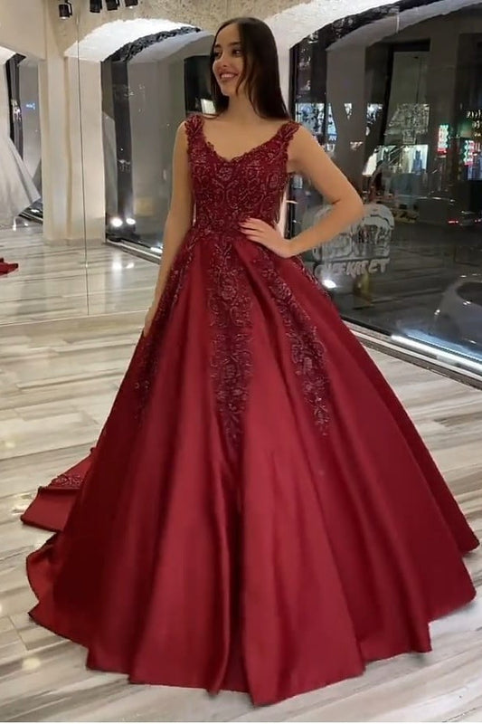 Elegant A-Line Satin Wedding Dress with V-Neck, Ruffles, and Beaded Appliques