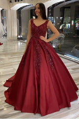 Elegant A-Line Satin Wedding Dress with V-Neck, Ruffles, and Beaded Appliques