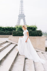 Elegant White V-Neck Chiffon A-line Bridal Gown with Lace and Cap Sleeves