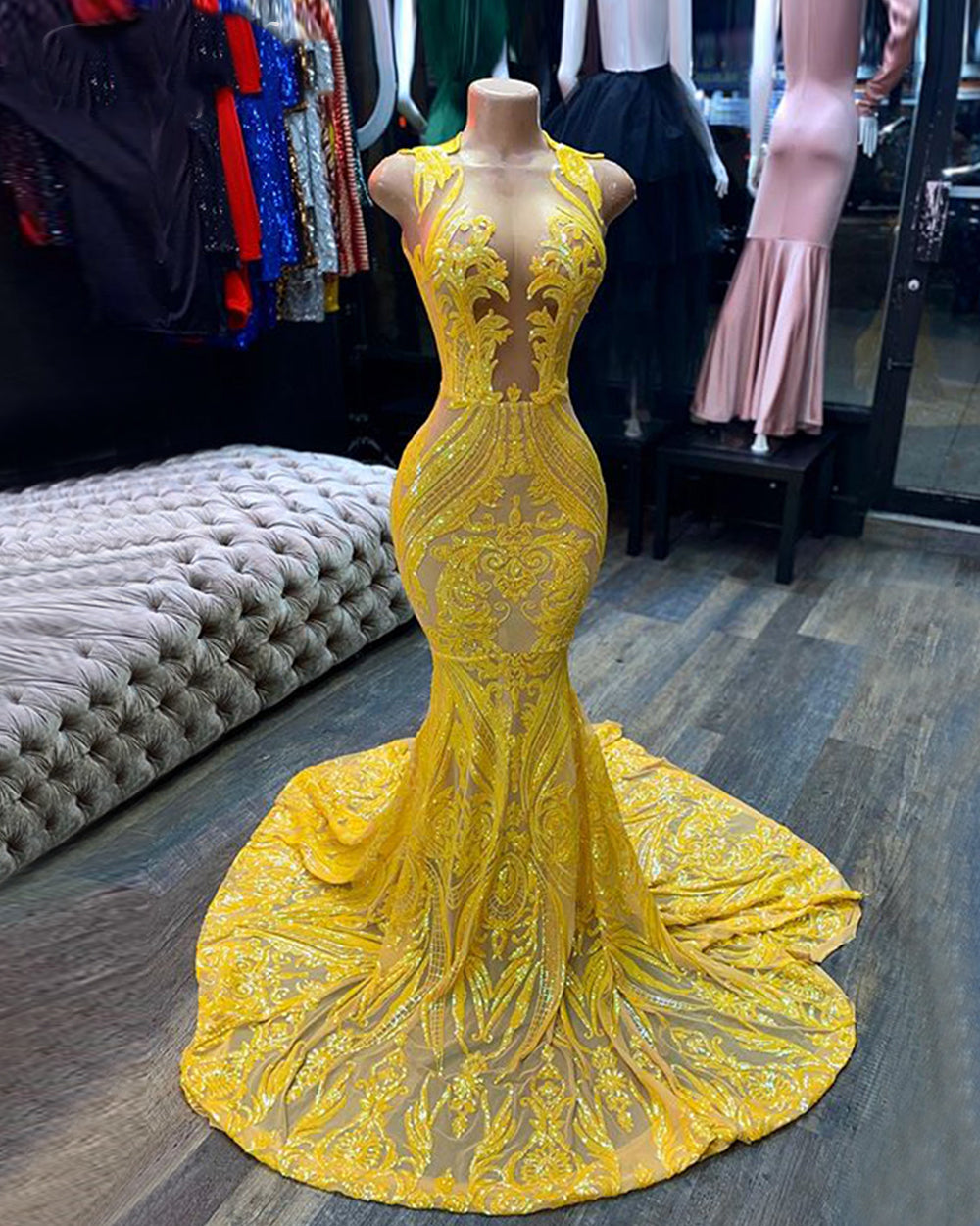 Stunning Yellow Lace Mermaid Prom Dress Long Sequins Party Gowns