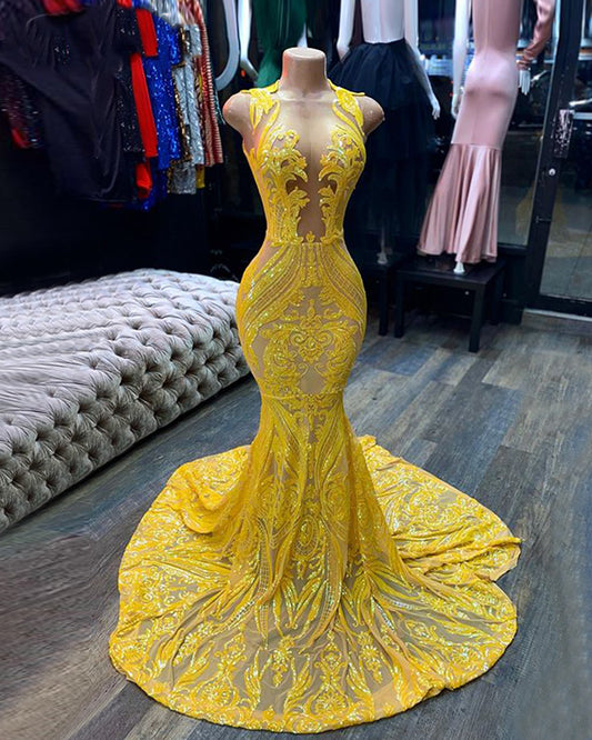 Stunning Yellow Lace Mermaid Prom Dress Long Sequins Party Gowns