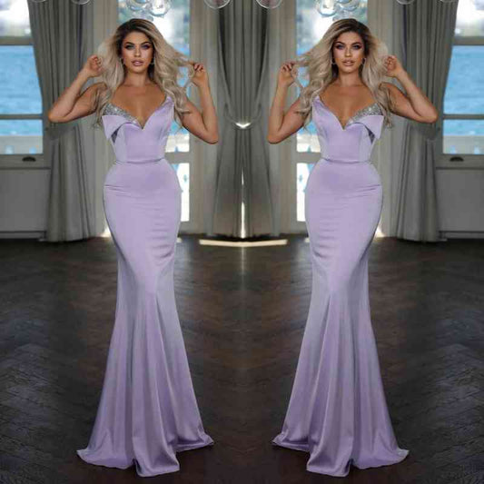 Modern V-Neck Sleeveless Mermaid Prom Dresseses Long With Beads