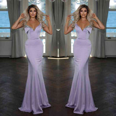 Modern V-Neck Sleeveless Mermaid Prom Dresseses Long With Beads