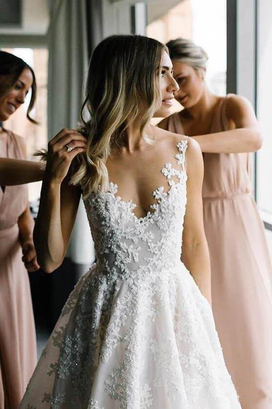 A-line Wedding Dress with Elegant V-neck and Floral Bead Straps