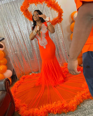 Classic Orange Long Sleeves Prom Dress Mermaid V-Neck With Crystals Feathers