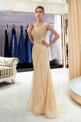 New Arrival Cap Sleeve Mermaid Prom Dress Long With Beads Crystals