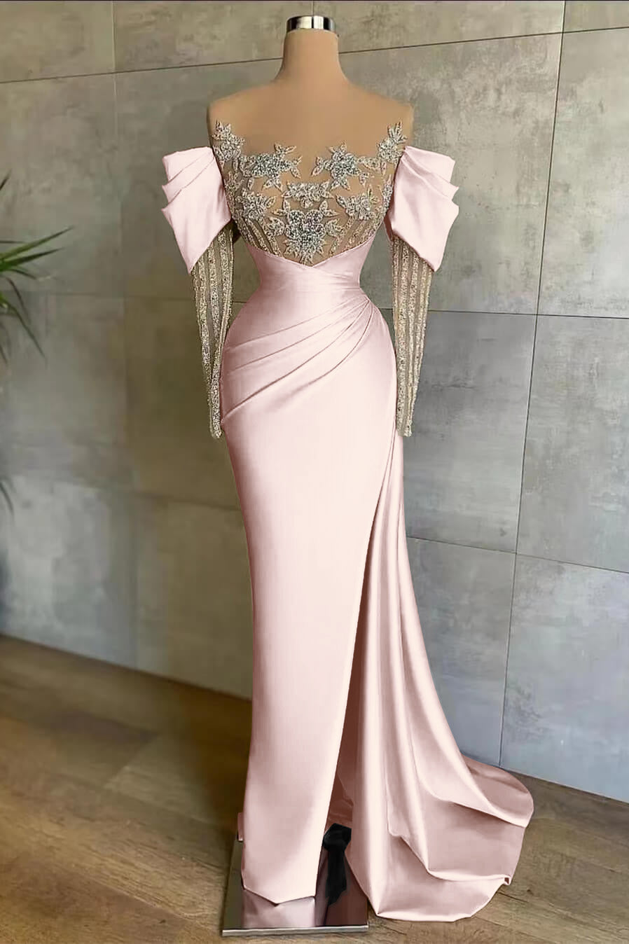Pink Off-the-Shoulder Front Split Mermaid Long Sleeves Prom Dress Beadings with Appliques