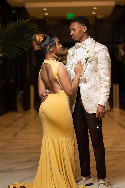 Stunning Gold Cap Sleeves Mermaid Prom Dress Long With Beadings On Sale