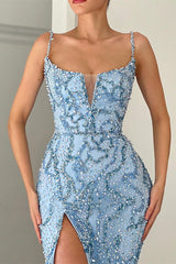 Gorgeous Spaghetti-Straps Mermaid Prom Dress Split With Beadings Sleeveless