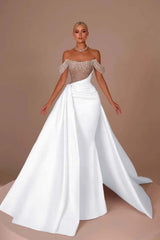 White Off-the-Shoulder Sequins Long Prom Dress Sleeveless with Beads