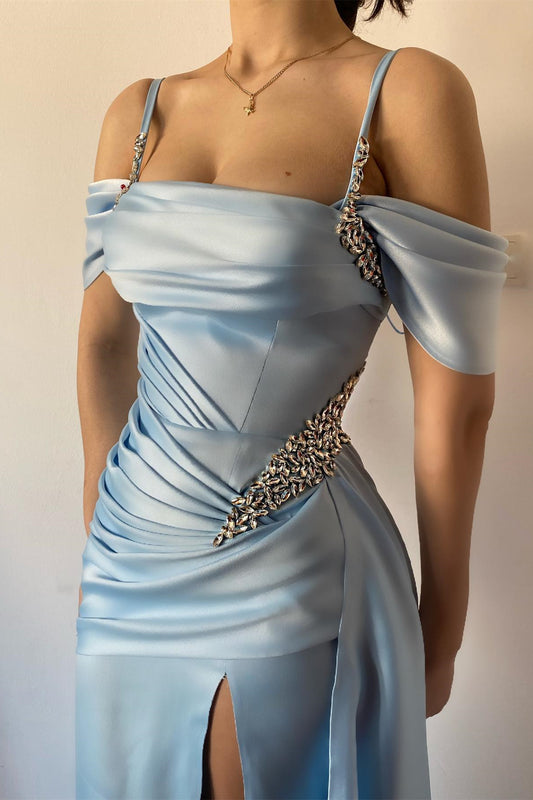 New Arrival Sky Blue Off-The-Shoulder Spaghetti-Straps Mermaid Prom Dress Beaded With Split