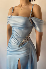 New Arrival Sky Blue Off-The-Shoulder Spaghetti-Straps Mermaid Prom Dress Beaded With Split
