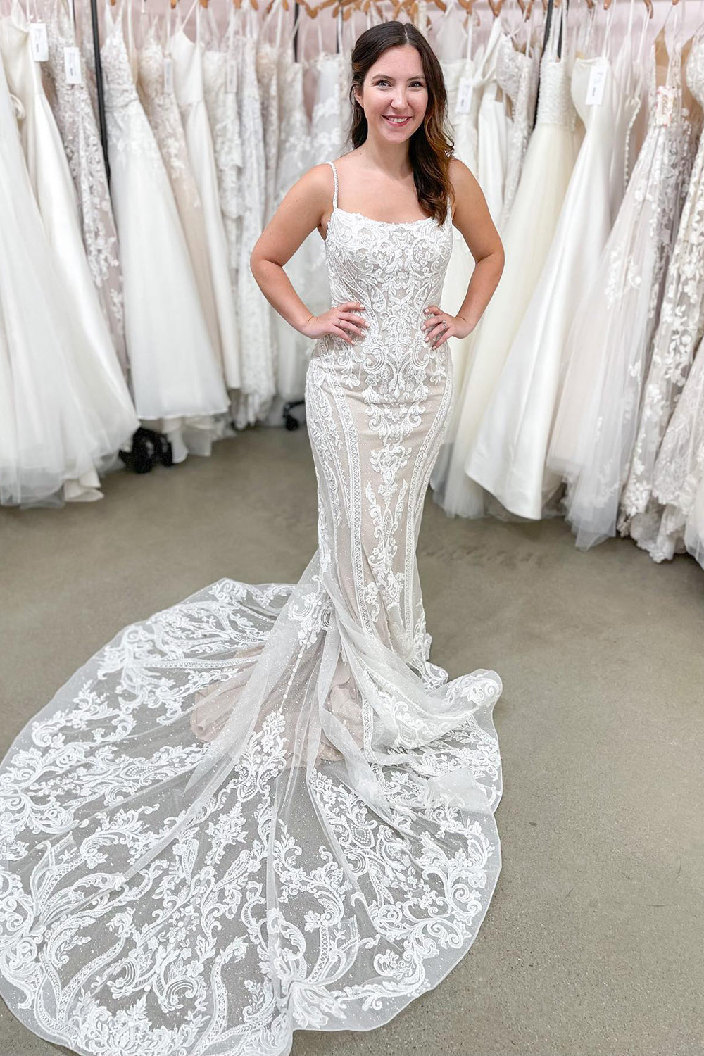 Spaghetti Straps Mermaid Wedding Dress with Elegant Backless Lace Appliques, Floor-length