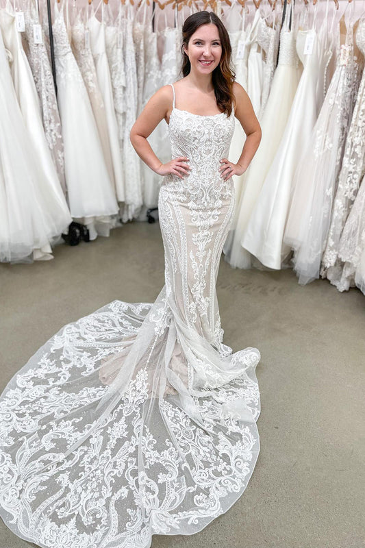 Spaghetti Straps Mermaid Wedding Dress with Elegant Backless Lace Appliques, Floor-length