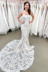 Spaghetti Straps Mermaid Wedding Dress with Elegant Backless Lace Appliques, Floor-length