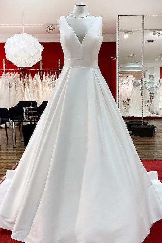 Elegant V-Neck A-Line Long Satin Wedding Dress Featuring Ruffles and Open Back