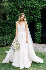 A-line Wedding Dress with Elegant V-neck and Floral Bead Straps