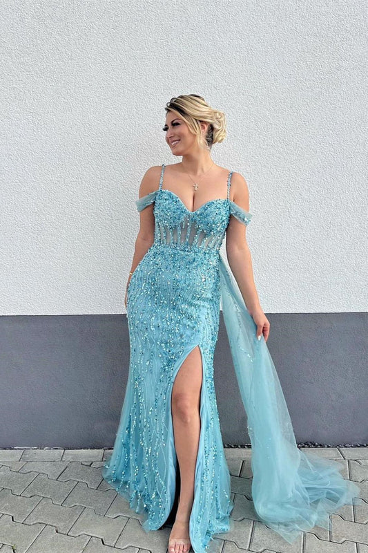 Blue Spaghetti-Straps Ruffles Mermaid Prom Dress Split with Beadings