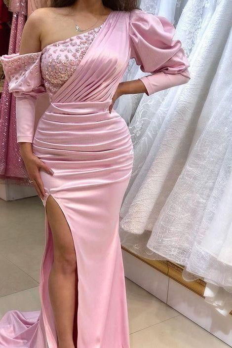 Gorgeous Pink Long Sleeves Prom Dress Split With Beads