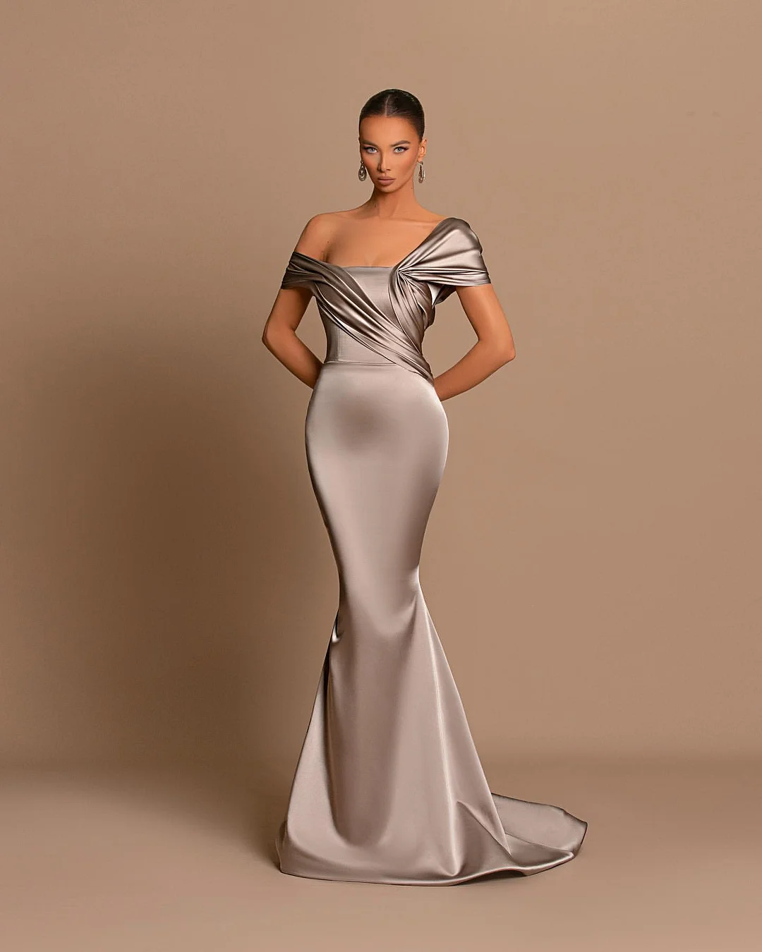 Grey Evening Dress Off-the-Shoulder Bateau Pleated Gown
