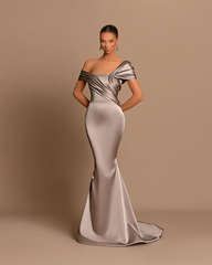 Grey Evening Dress Off-the-Shoulder Bateau Pleated Gown