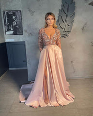 Gorgeous Long Sleeves V-Neck Prom Dress Sequins Party Gowns With Slit